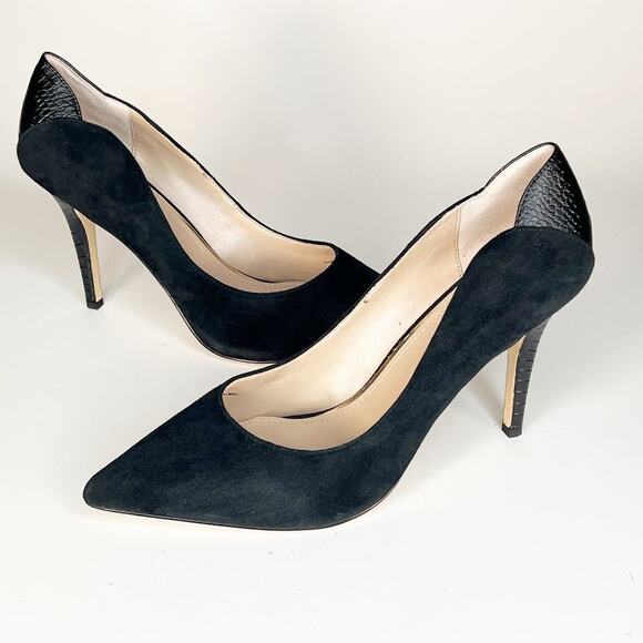 White House Black Market Black Suede Embossed Leather Stiletto Heels Shoes 10 - Picture 2 of 14